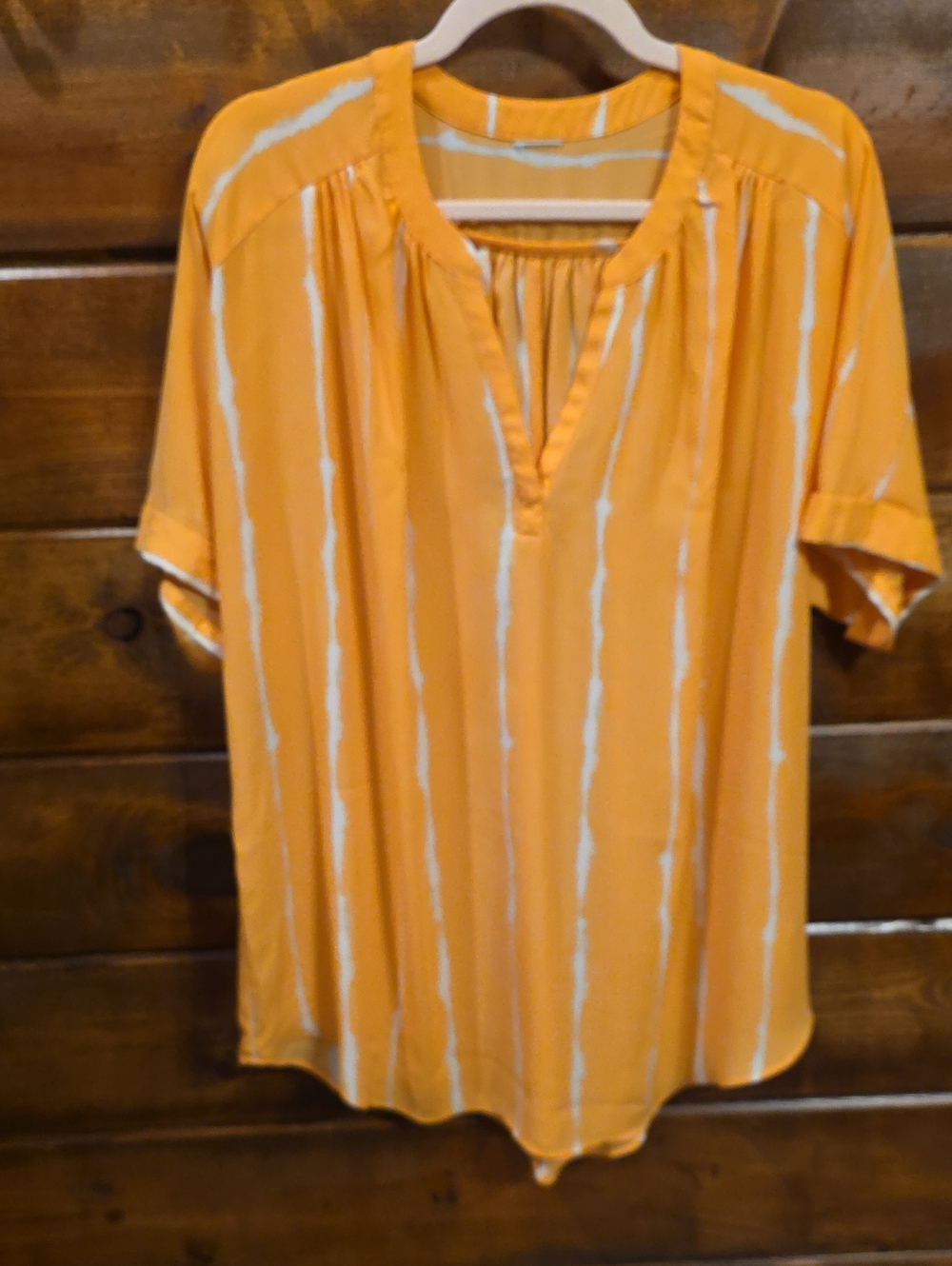 Womens Orange Stripe Split-Neck Blouse